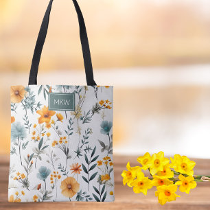 Bohemian Grey, Sage & Gold Floral Monogram Tote Bag