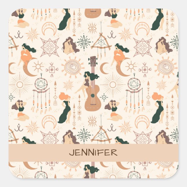 Bohemian guitar girl with mystic  Dreamcatcher Square Sticker (Front)