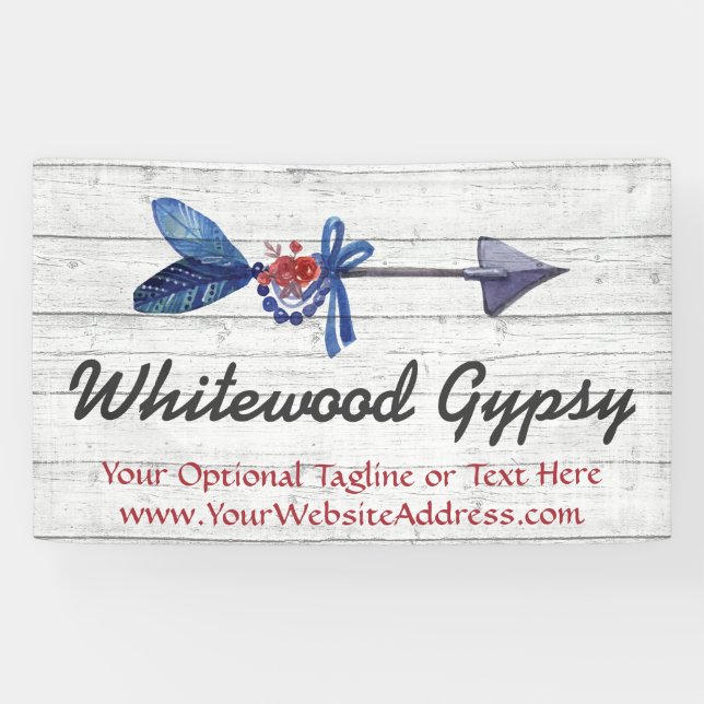 Bohemian Gypsy Arrow Feather & Beads Rustic Wood Banner (Horizontal)