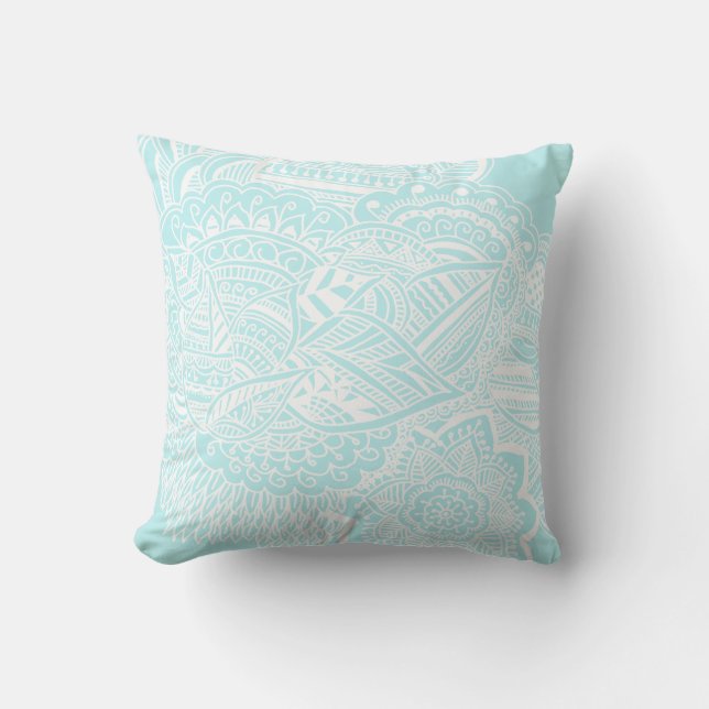 Bohemian Hand Drawn Doodle Mint Blue Cushion (Front)