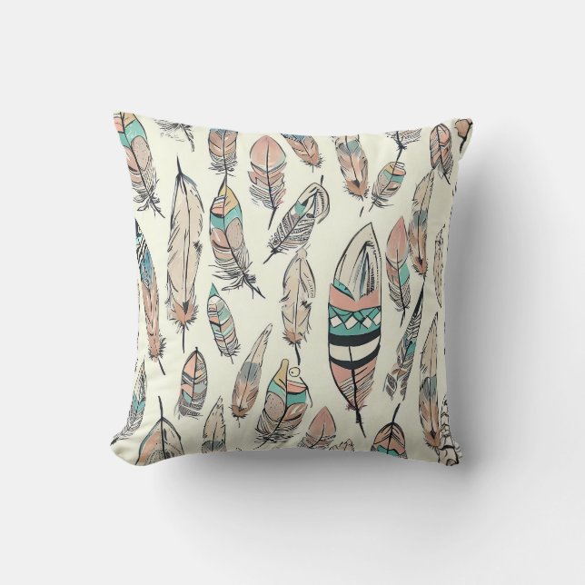 Bohemian Hand Drawn Feathers Cushion (Front)