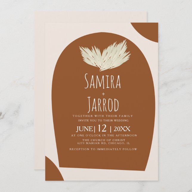 Bohemian Hand Drawn Natural Arch Pampas Wedding Invitation (Front/Back)