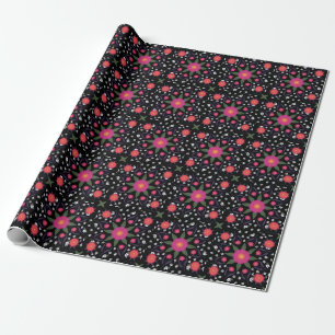 Bohemian hand painted  flowers on black wrapping paper