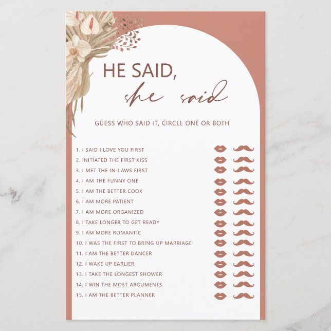 Bohemian he said she said bridal shower game (Front)