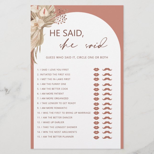 Bohemian he said she said bridal shower game flyer (Front)
