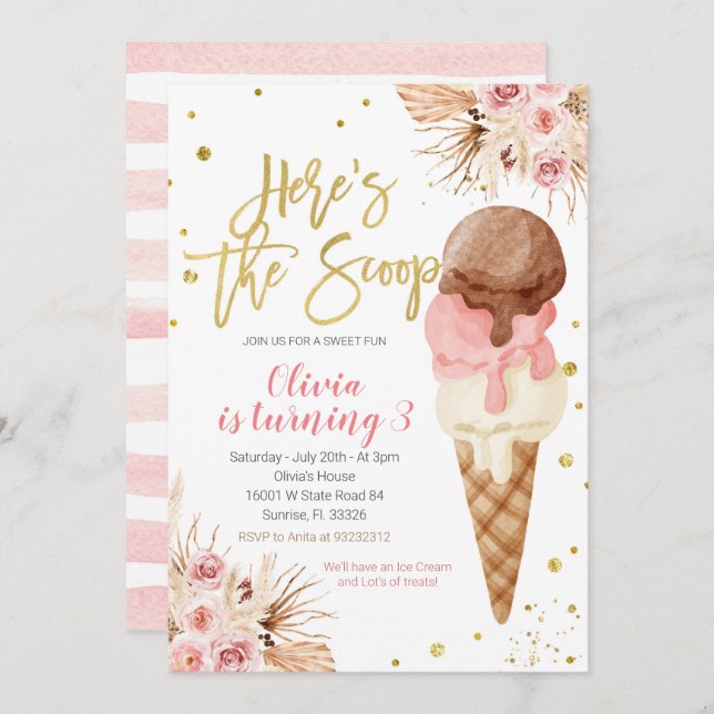 Bohemian Here's the scoop Ice Cream Birthday Invitation (Front/Back)