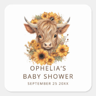 Bohemian Highland Cow Sunflowers Baby Shower Square Sticker