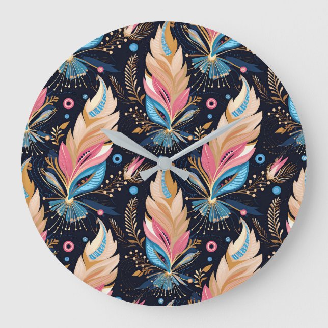 Bohemian Hippie Chic Abstract Colorful Feather Art Large Clock (Front)