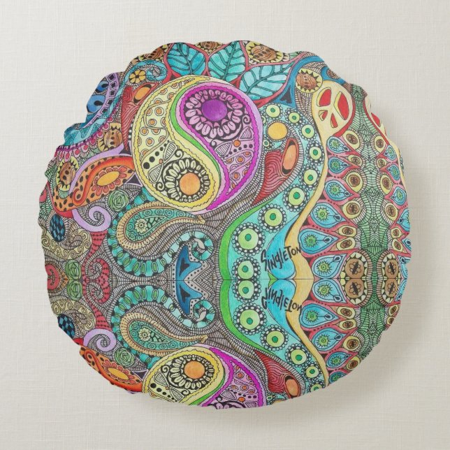 Bohemian Hippy Round Cushion with Mandala Design (Front)