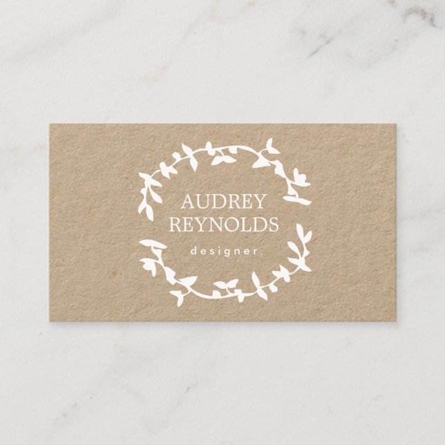 Bohemian Leaf Wreath Designer Logo on Kraft Business Card (Front)