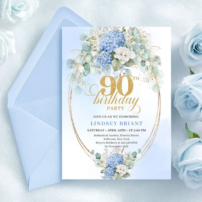 Bohemian Light Blue Floral Gold 90th Birthday Invitation (Bohemian Light Blue Floral Gold 90th Birthday)