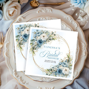 Bohemian Light Blue Flowers Gold Glitter Napkins