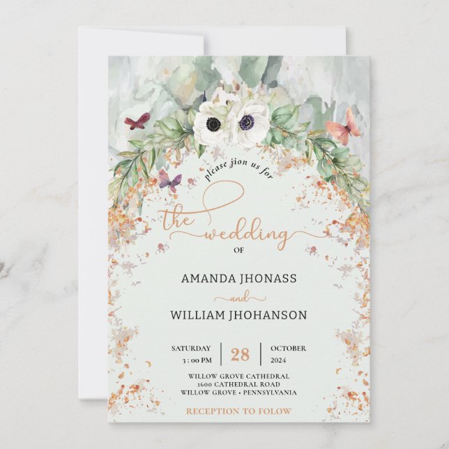 Bohemian Lush Greenery Arch golld Garden Wedding Invitation (Front)