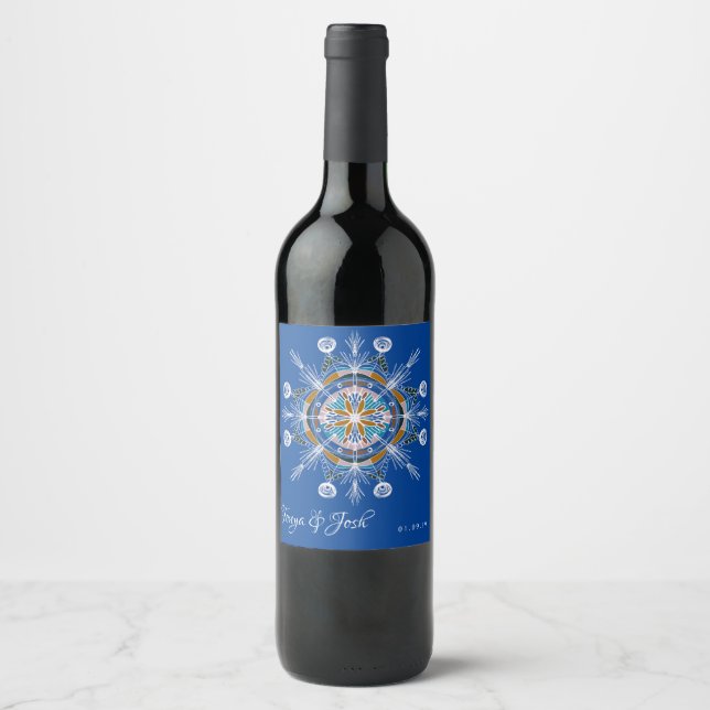 Bohemian Mandala Blue Boho Art Wedding Wine Label (Front)