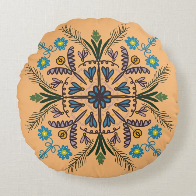 Bohemian Mandala Colourful Botanical Orange Round Cushion (Front)