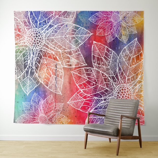 Bohemian Mandala Flowers Watercolour Tapestry (In Situ (Horizontal))