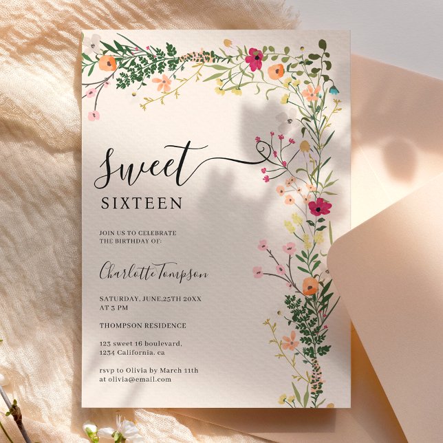 Bohemian meadow wild flowers spring sweet 16 invitation (Bohemian meadow wild flowers spring sweet 16 invitation)