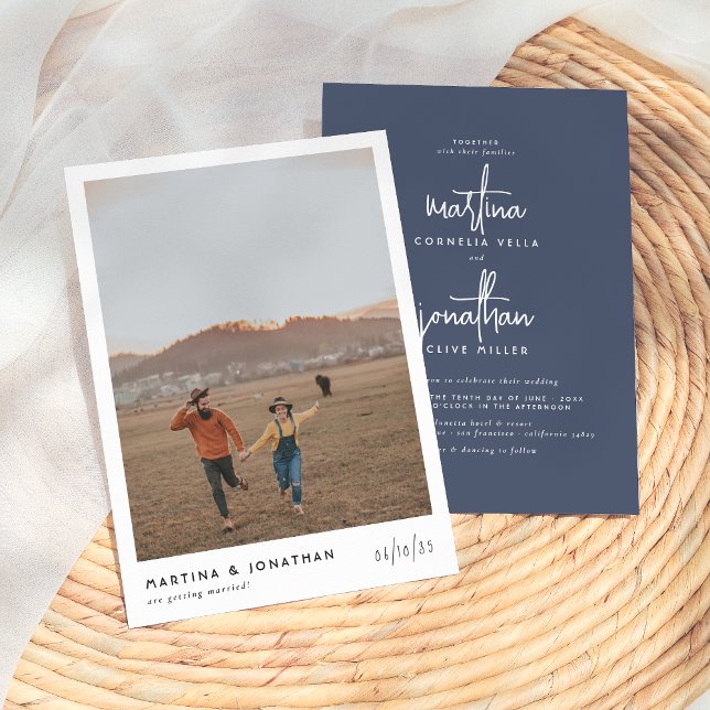 Bohemian Minimalist Navy Blue Simple Photo Wedding Invitation (Creator Uploaded)