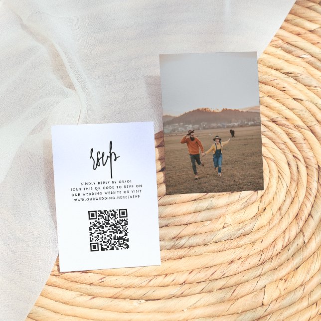 Bohemian Minimalist QR Code Photo Wedding RSVP Enclosure Card (Creator Uploaded)