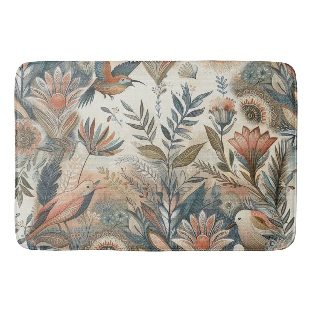 Bohemian mix of teal, magenta,purple flowers bath mat (Front)