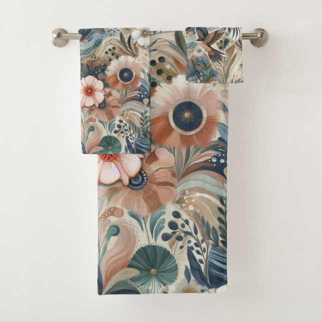 Bohemian mix of teal, magenta,purple flowers bath towel set (Insitu)