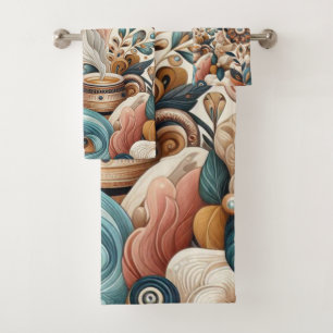 Bohemian mix of teal, magenta,purple flowers bath towel set