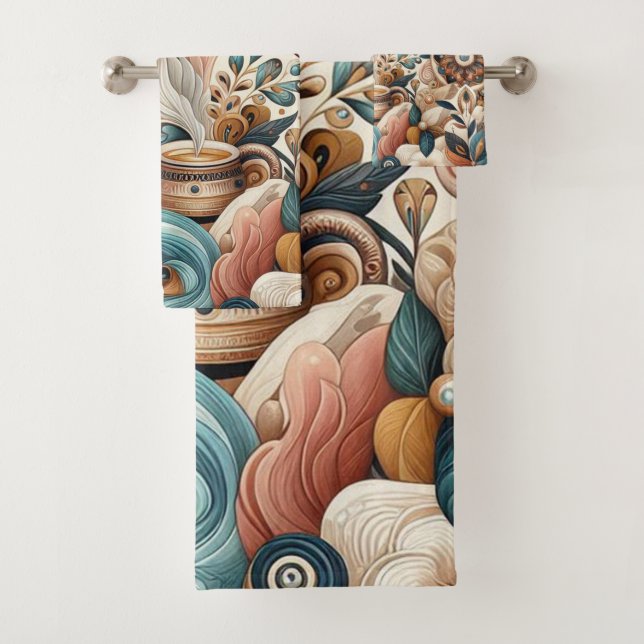 Bohemian mix of teal, magenta,purple flowers bath towel set (Insitu)