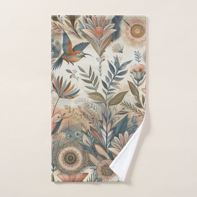 Bohemian mix of teal, magenta,purple flowers bath towel set (Hand Towel)