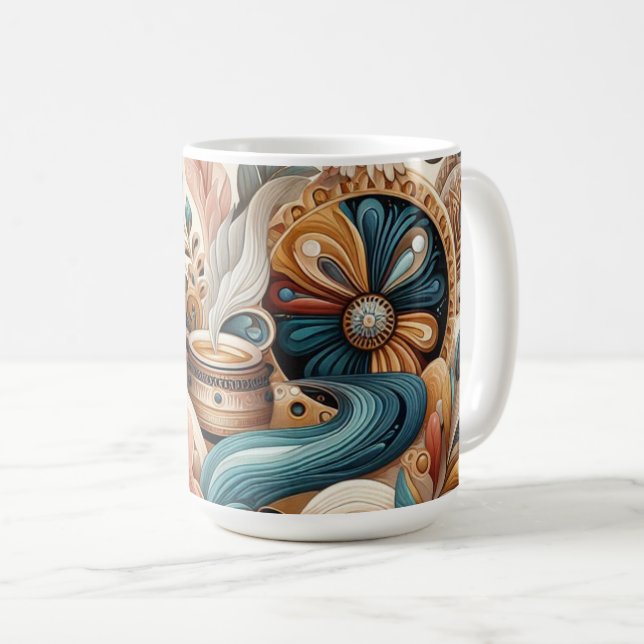Bohemian mix of teal, magenta,purple flowers coffee mug (Front Right)