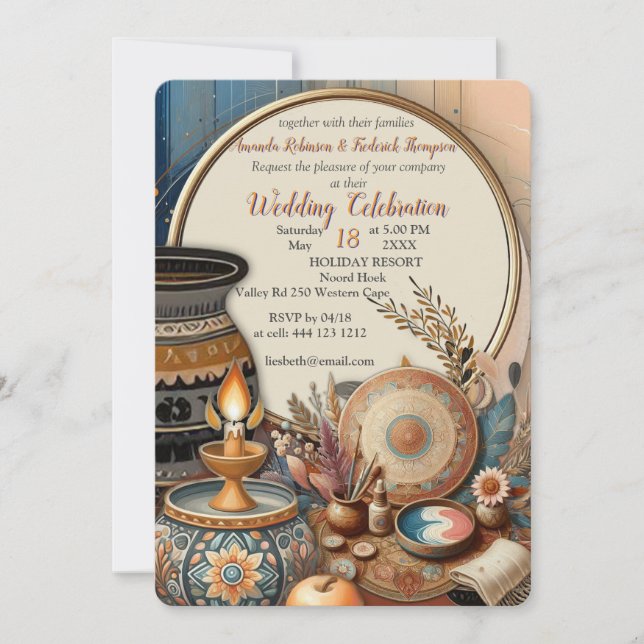 Bohemian mix of teal, magenta,purple flowers invitation (Front)