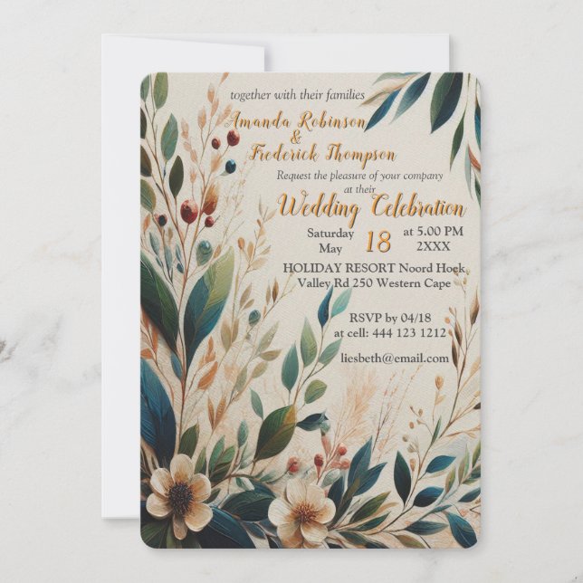 Bohemian mix of teal, magenta,purple flowers invitation (Front)