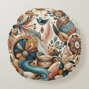 Bohemian mix of teal, magenta,purple flowers round cushion