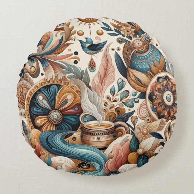 Bohemian mix of teal, magenta,purple flowers round cushion (Front)