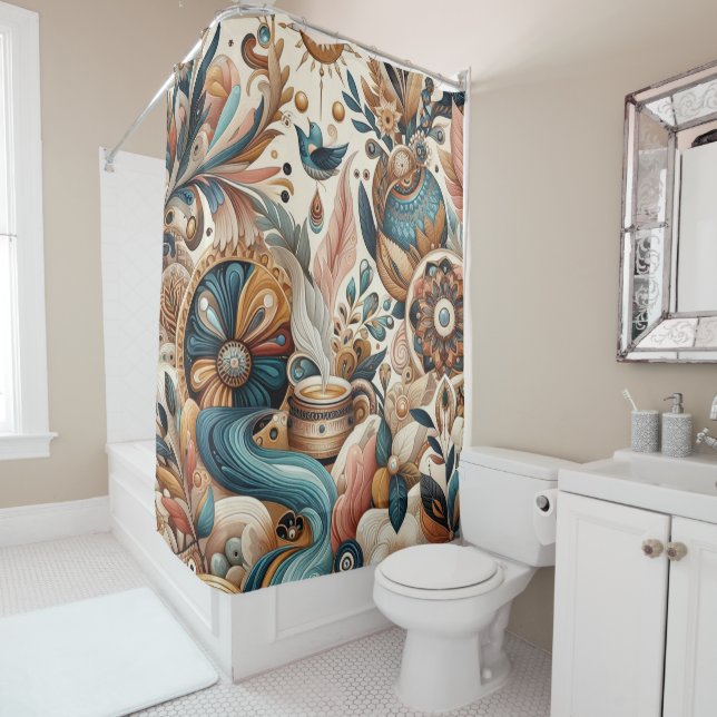 Bohemian mix of teal, magenta,purple flowers shower curtain (In Situ)