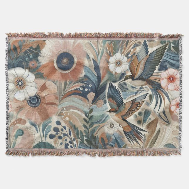 Bohemian mix of teal, magenta, purple on creams throw blanket (Front)