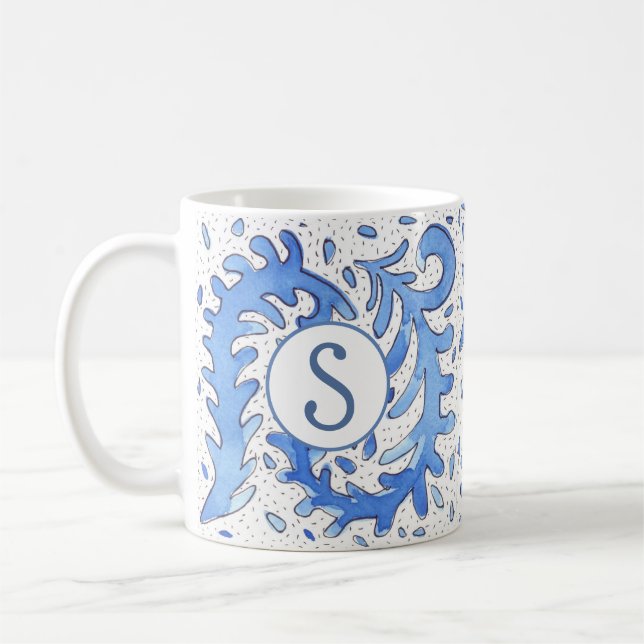 Bohemian Monogrammed Blue & White Personalised Mug (Left)