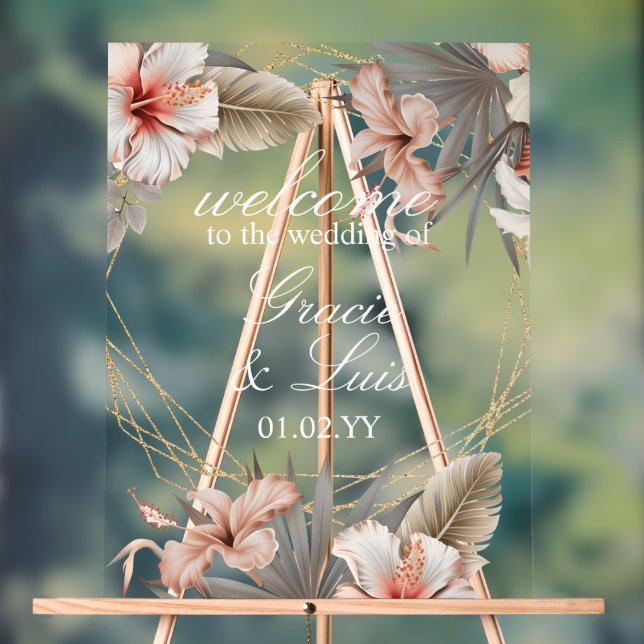 Bohemian Monstera Botanical Florals Gold Wedding Acrylic Sign (Neutral)