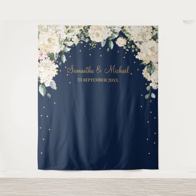 Bohemian Navy and white greenery floral wedding Tapestry (Front)