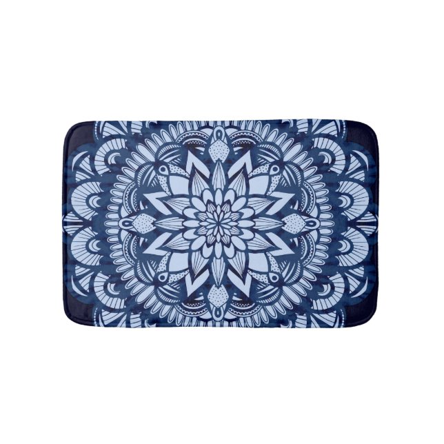 Bohemian Navy Blue Tie Dye Mandala Bath Mat (Front)
