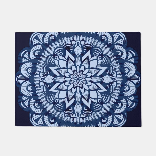 Bohemian Navy Blue Tie Dye Mandala Doormat (Front)
