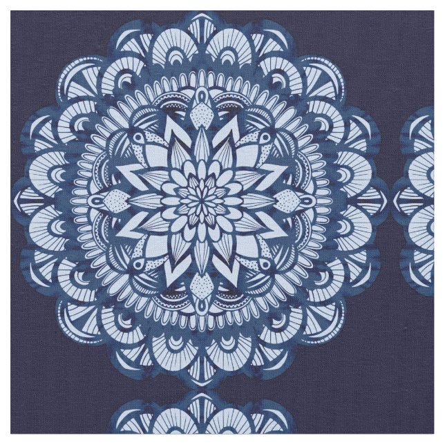 Bohemian Navy Blue Tie Dye Mandala Fabric (Close Up)