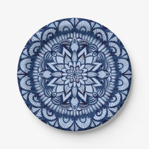 Bohemian Navy Blue Tie Dye Mandala Paper Plate