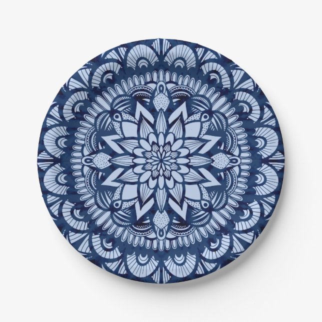 Bohemian Navy Blue Tie Dye Mandala Paper Plate (Front)