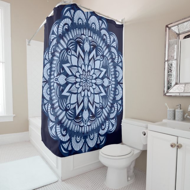 Bohemian Navy Blue Tie Dye Mandala Shower Curtain (In Situ)