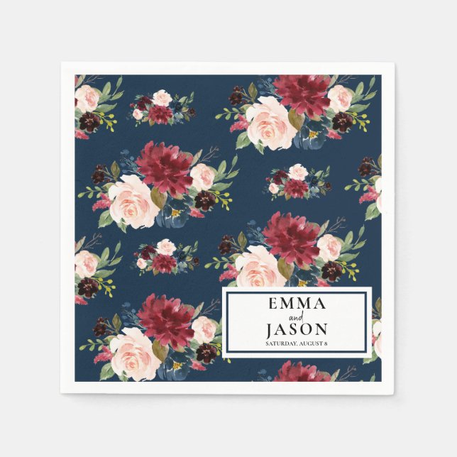 Bohemian Navy Floral Burgundy Wedding Napkins (Front)