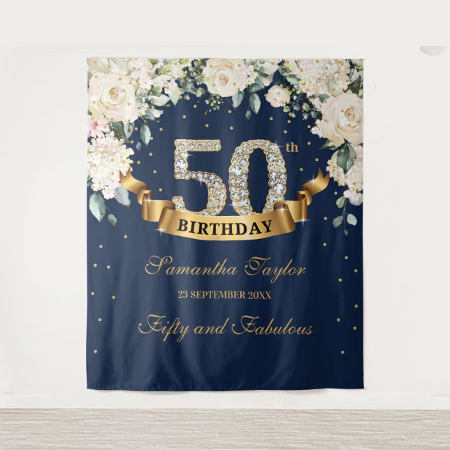 Bohemian navy greenery and white roses birthday tapestry (Front)