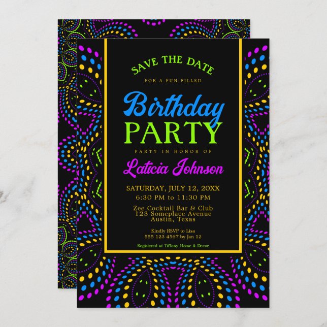 Bohemian Neon Nights Birthday Party Invitation (Front/Back)
