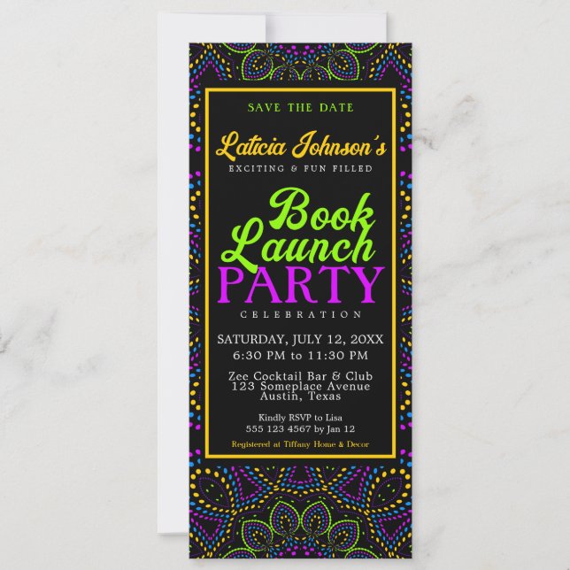 Bohemian Neon Nights Book Launch Invitation (Front)