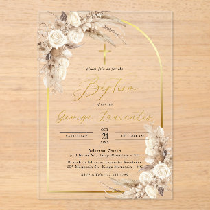 Bohemian Neutral Pampas Grass Baptism Christening Acrylic Invitations