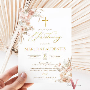 Bohemian Neutral Pampas Grass Baptism Christening  Invitation
